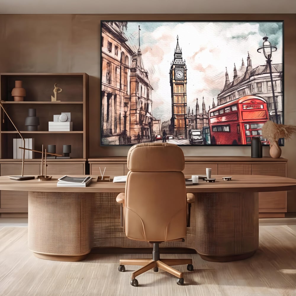 Tablou canvas cu ilustratie urbana cu big ben si autobuz rosu, in rama de aluminiu negru, pe perete intr-un birou
